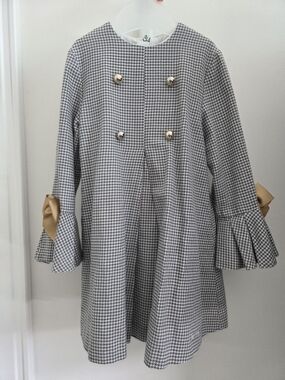 Girls Black & White Houndstooth Dress with Gold Bow Detail 5